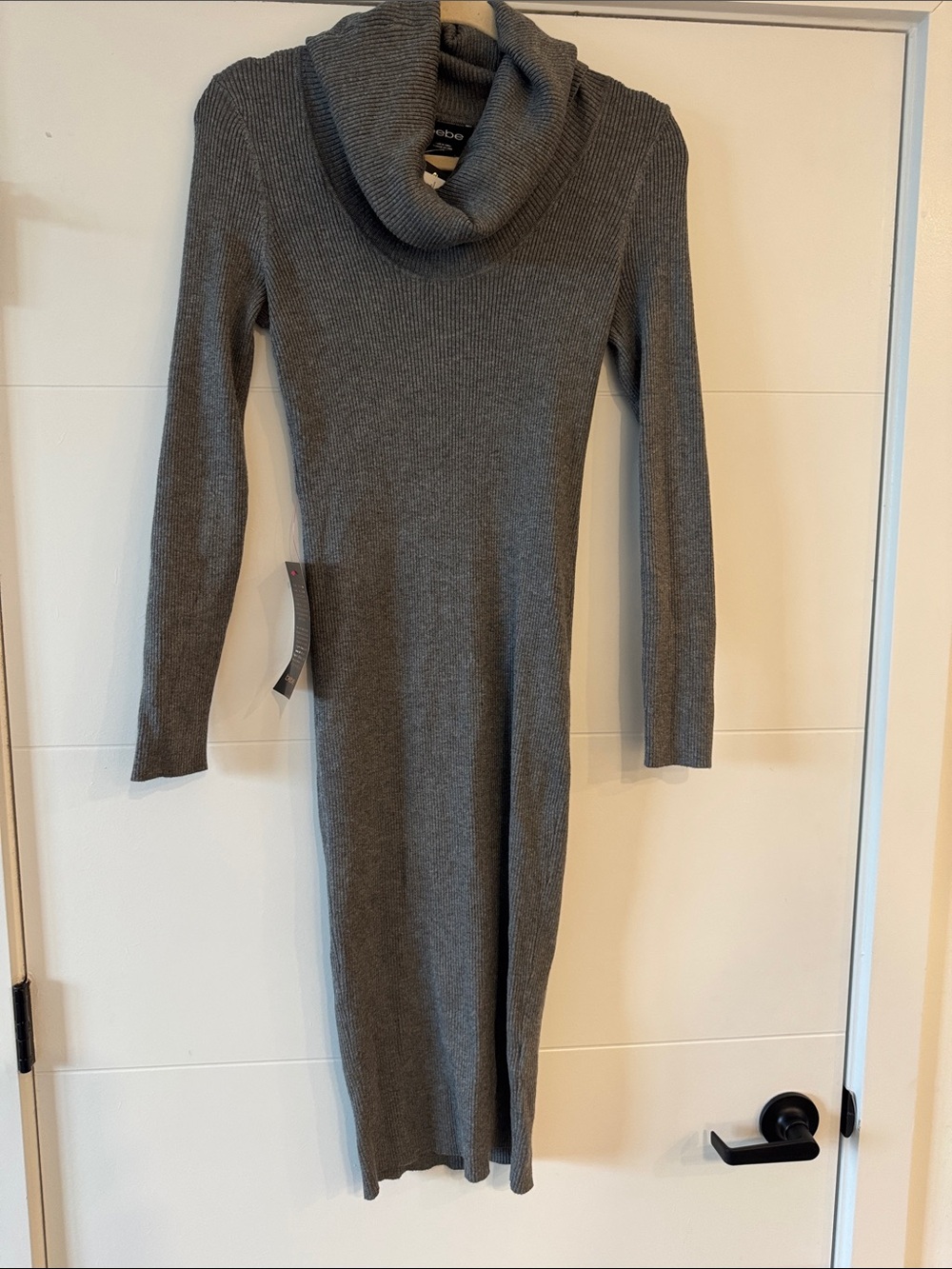 bebe Grey Ribbed Cowl Neck Long Sleeve Midi Dress